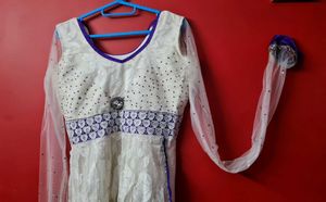 Elegant White &amp; Purple Anarkali Suit Gown