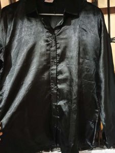 Black Satin Button-Down Shirt