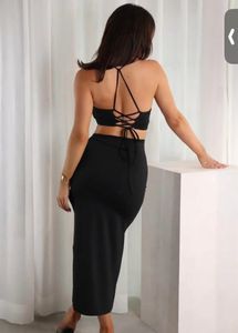 Black Two-Piece Crop Top &amp; Slit Skirt Set