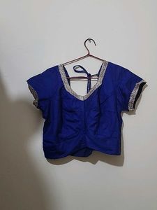 Blue Sari Blouse with Silver Trim