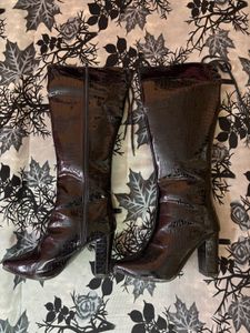 Crocodile Embossed Knee High Boots