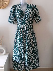 Green & White Botanical Print Midi Dress