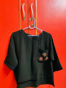 ELLE Black Top With Embroidery Pocket