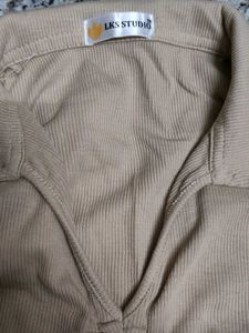 Beige Ribbed Drawstring Top