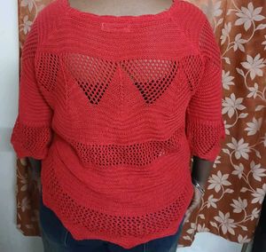 Red Knitted Sweater Top (Crochet Style)