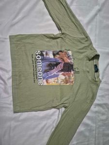 Olive Green Ribbed Graphic Full-Sleeve T-Shirt
