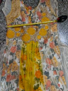 Beautiful Netted Yellow Floral Print Anarkali