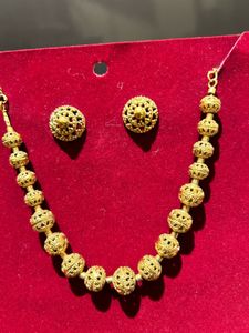Antique Gold Beaded Necklace & Stud Earring Set