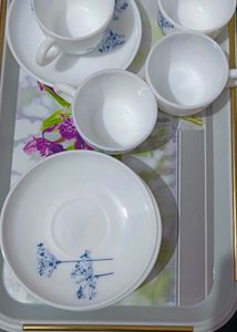 LaOpala Glass Cup  Saucer - Set of 9pcs, White,