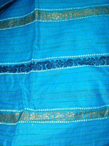Womens Blue Cotton Saree With Golden Bady.