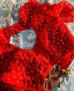 Red Ruffle Saree With Stitched Blouse ( Padded
