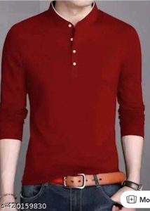 Men Fashion Solid Mandarin Collar Polyester T-Shir