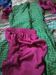 Green & Purple Kurta Set for girls