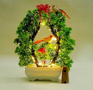 POKA Artificial green plant with sparrow & light f