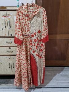 Coral Red, And Beige Colour Cotton Dress Gown