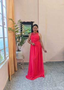 Elegant Coral Maxi Dress with Lace Detail