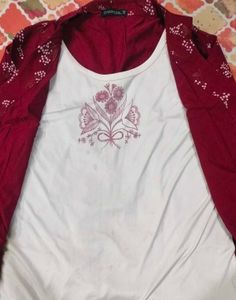 Floral Red Jacket with White Tank Top