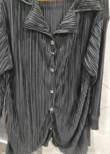 Pleated Black Button-Down Top