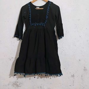 Black Dress with Pom-Pom Trim
