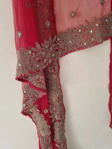 Red Heavy Embroided Net Duppata