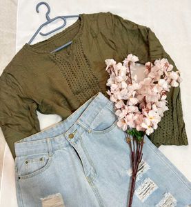 🎁Buy1 Get1 Free Crochet Olive Green Knit Top