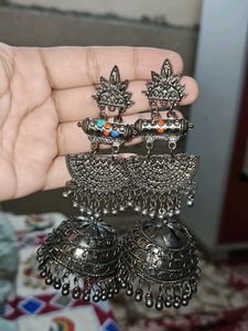 Oxidized Silver Jhumka Earrings