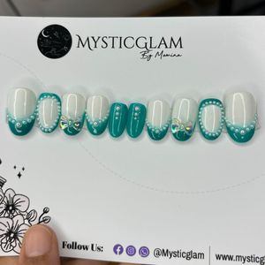 Sea Green And White Nails With Pearl Work