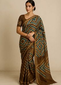 Brown & Teal Geometric Print Saree