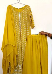 Yellow Festive Suit With Front Slit And Duppata