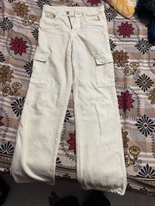 Cream Cargo Wide Leg Jeans