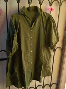 Olive Green Button-Down Shirt Dress With Pockets