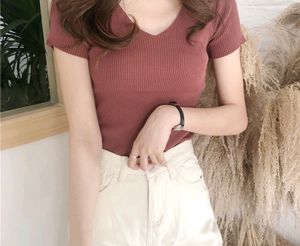 Summer Korean Women Solid Color V Neck Top