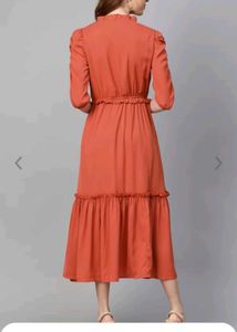 Elegant Rust-Orange Midi Dress with Puff Sleeves a