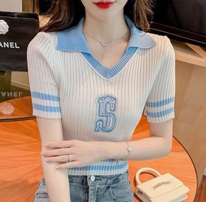 White &amp; Blue Knitted  Polo Crop Top