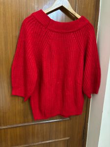Red Puff Sleeves Cable Knit Pullover