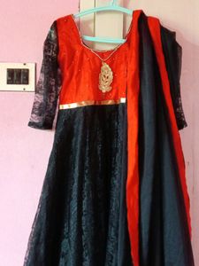 Black And Red Umbrella Kurti With Dupatta