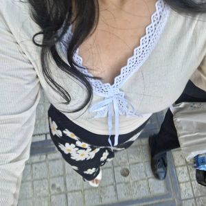 Cream Lace Trim Top - XS S