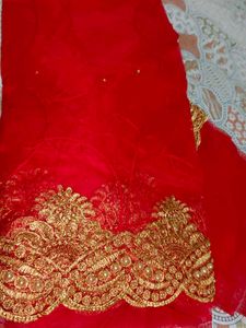 Red Net  Saree With Golden Peral Work