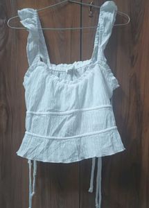 White Ruched Crop Top with Tie Straps