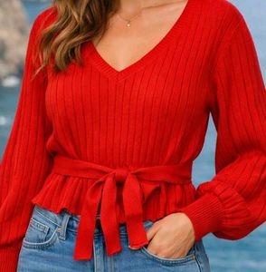 Red Tie-Waist Knit Sweater