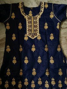 Golden Stone Work Blue A Line Kurti.