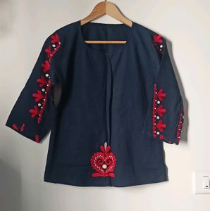 Embroidered Navy Blouse Top