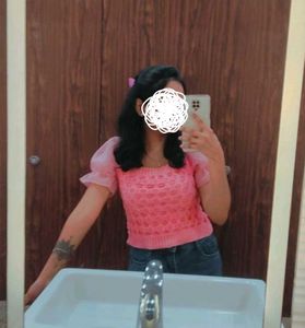 Woolen Pink Puff Sleeve Knit Top