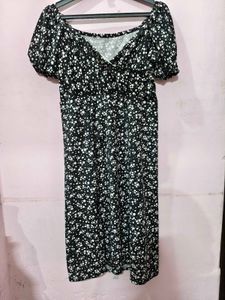 White Floral On Black Slit Dress