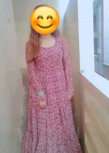 RED PRINTED FLARED KURTA SET WITH DUPATTA