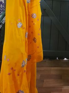 New Yellow Soft Silk Thread Work Saree For Haldi