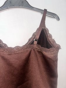 Brown Lace Trim Cami Top