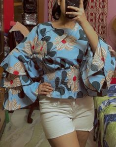 Blue Floral Crepe Top