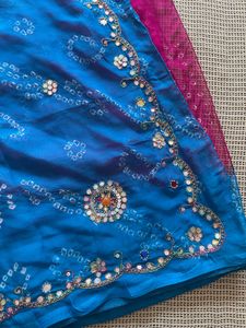 Blue And Pink Bandhani Heavy Saree