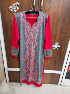 Woollen Embroidery Kurta With Red Velvet Legging